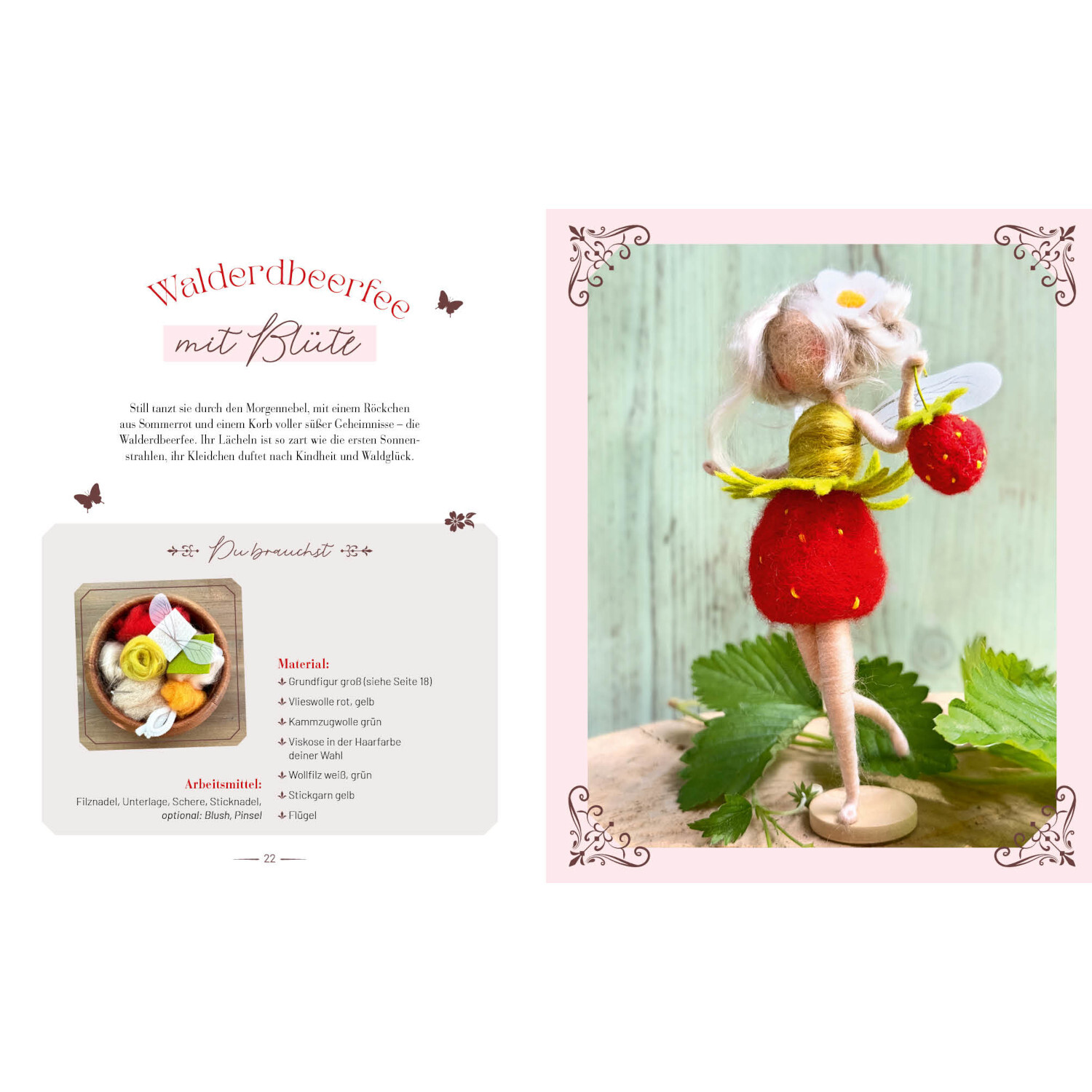 Zauberhaft gefilzt: Filzfigur einer Erdbeerfee mit Blüte, in Rot und Weiß, auf Holzsockel.