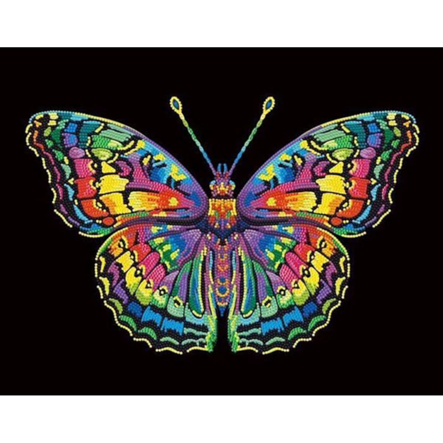 Diamond Painting Neon Schmetterling 45x5cm von Carletto Deutschland Diamond Painting Neon Schmetterling: Bunt leuchtender Schmetterling auf schwarzem Hintergrund, kunstvoll gestaltet.