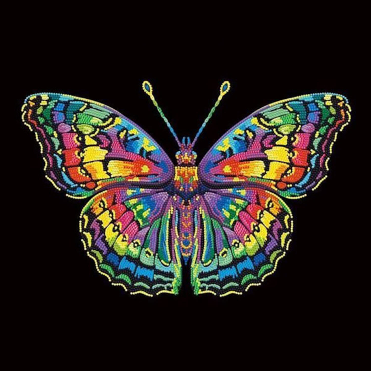 Diamond Painting Neon Schmetterling: Bunt leuchtender Schmetterling auf schwarzem Hintergrund, kunstvoll gestaltet.