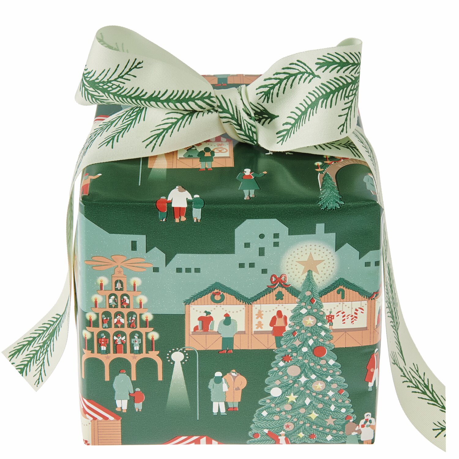 Paper Poetry Geschenkpapier Weihnachtsmarkt zeigt festliche Szenen mit Tannenbaum und Marktständen auf grünem Hintergrund.