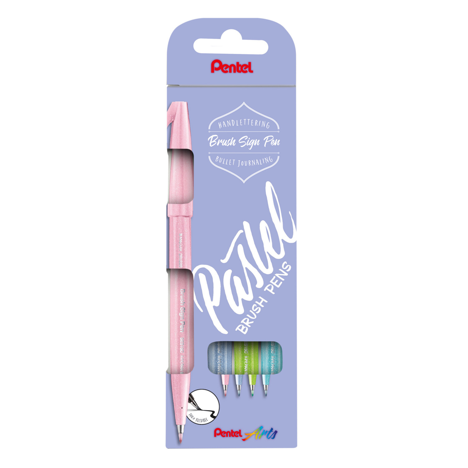 Brush Sign Pen Set Pastell, 4-teilig, von Pentel. Enthält pastellfarbene Stifte in einer blauen Verpackung. Ideal für kreative Projekte.