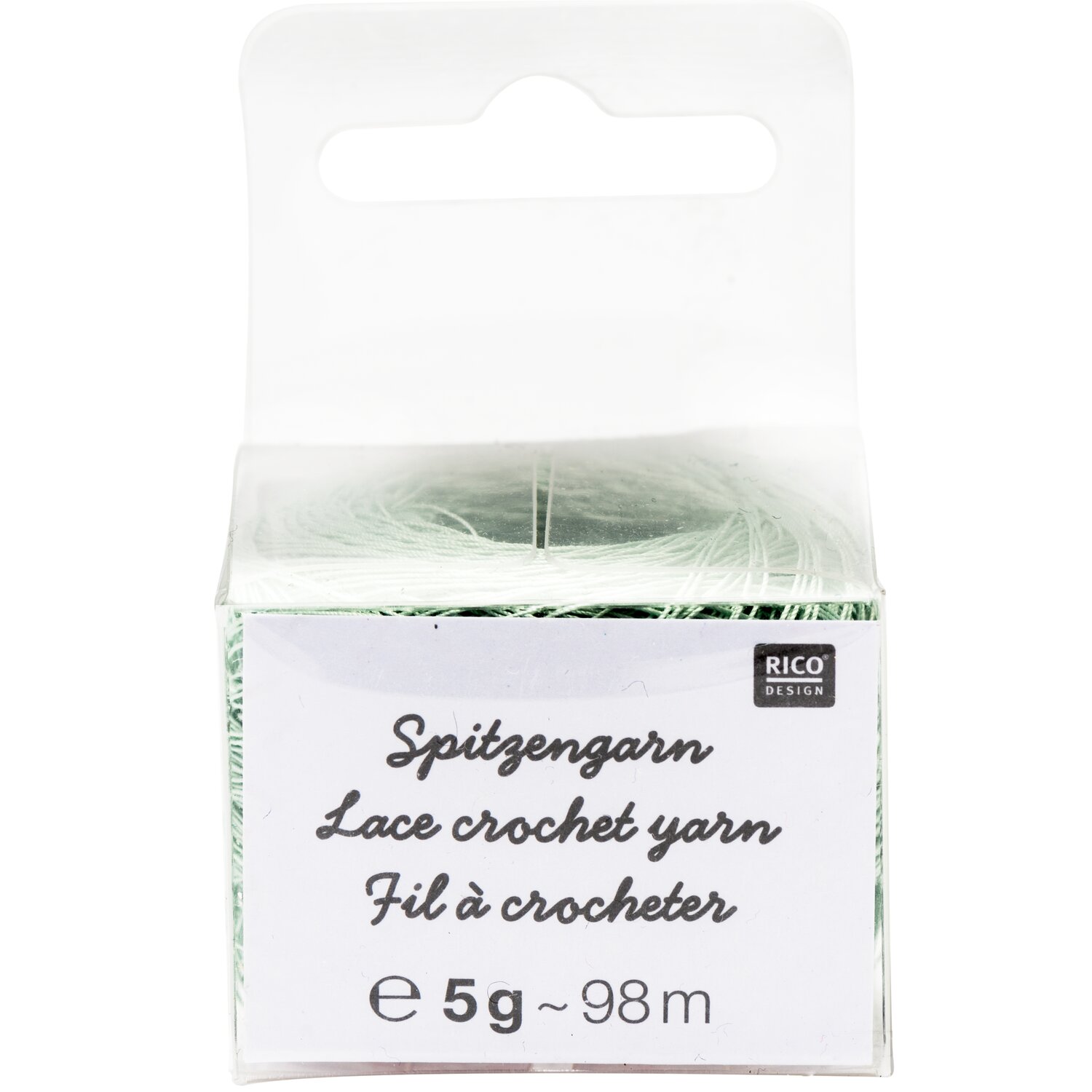 Spitzengarn, 5g 98m, feines Lace-Häkelgarn in zartem Grün, Marke Rico Design, in transparenter Faltschachtel mit mehrsprachigem Etikett für filigrane Projekte