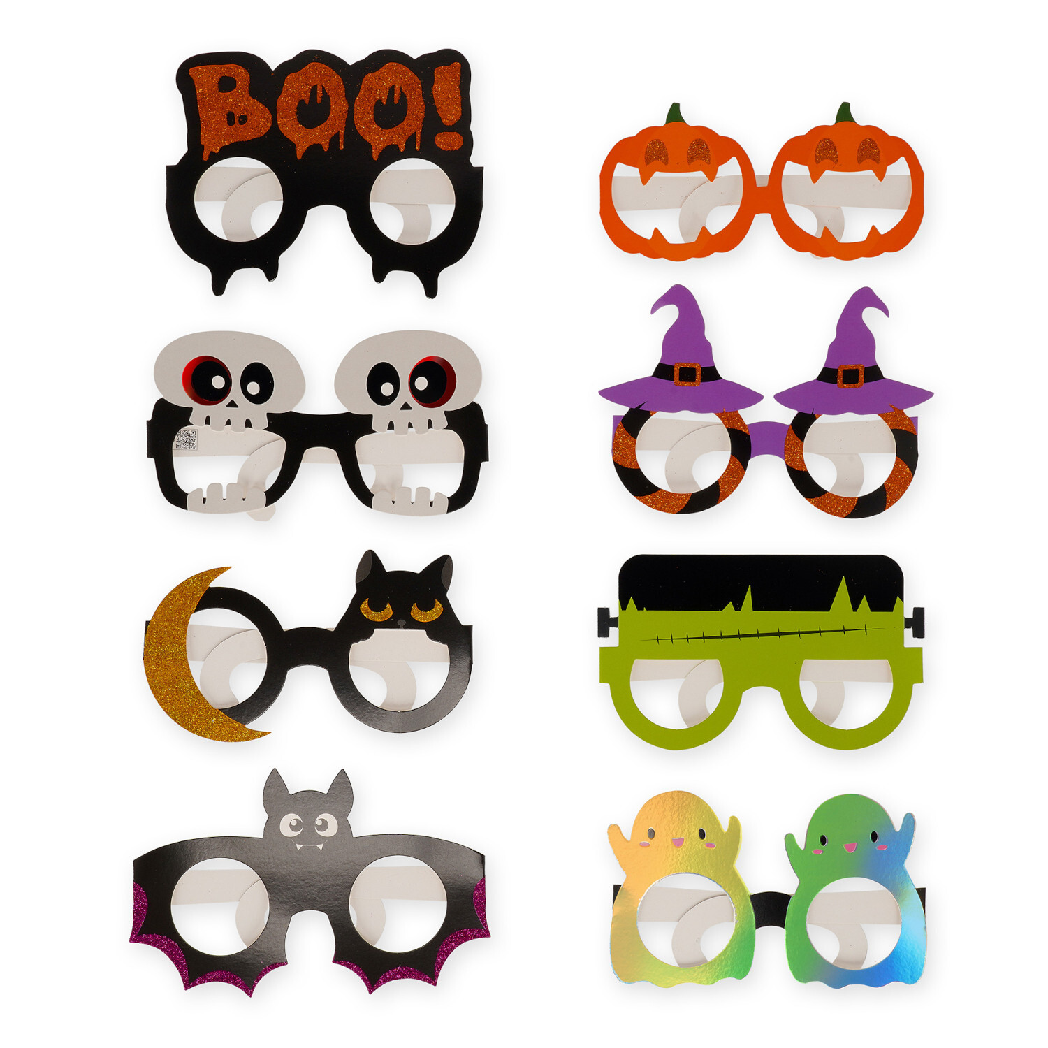 Papierbrillen Halloween Edition, 8-teilig, mit bunten Designs wie Kürbissen und Fledermäusen.