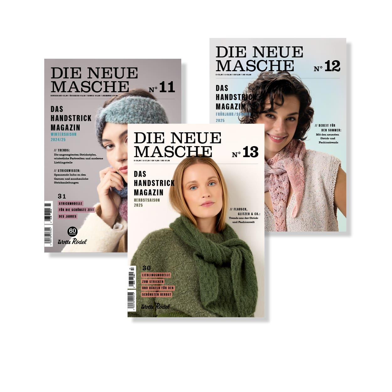 Die Neue Masche Nr. 11, 12 und 13 leicht übereinander platziert. Flatlay von Produkten.