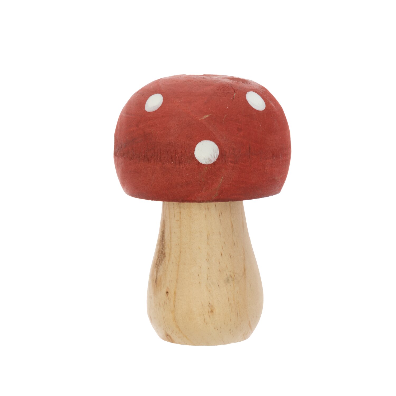 Deko-Pilz aus Holz rot-weiß, von Rico Design, mit rotem Hut und weißen Punkten auf hellem Holzstiel.