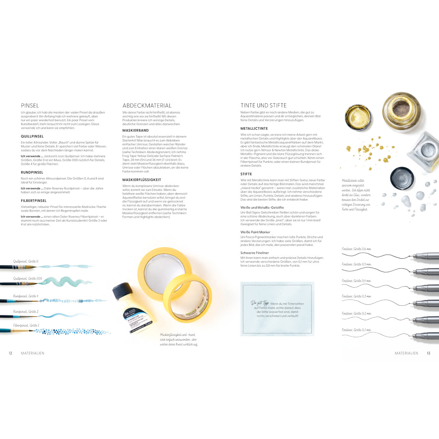 Abstract Watercolor: Doppelseite mit Malutensilien, Pinseln und Tinten. Christophorus Verlag.