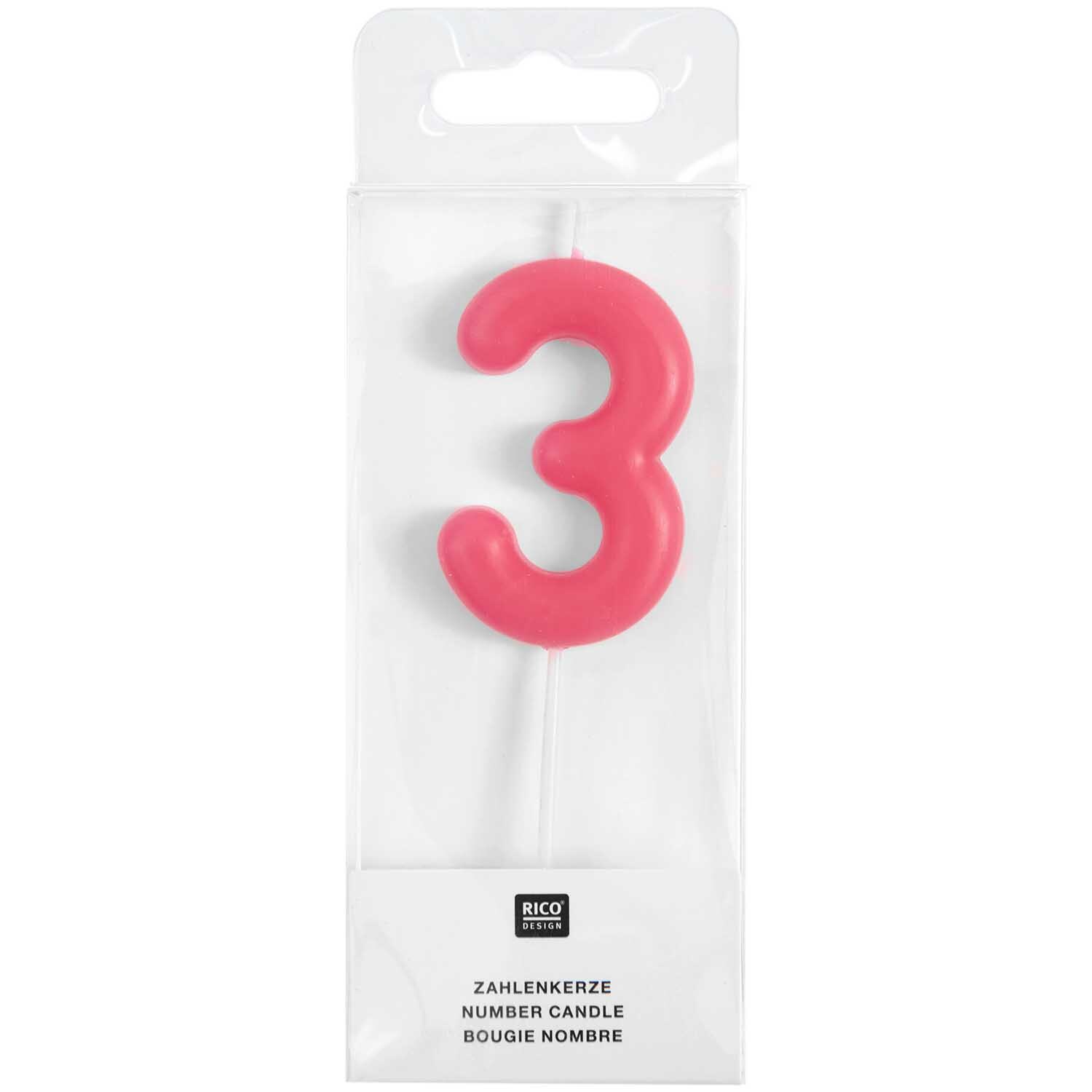 Zahlenkerze Neon Pink in Form der Zahl 3, 10,5 cm, von Rico Design, in einer transparenten Verpackung.