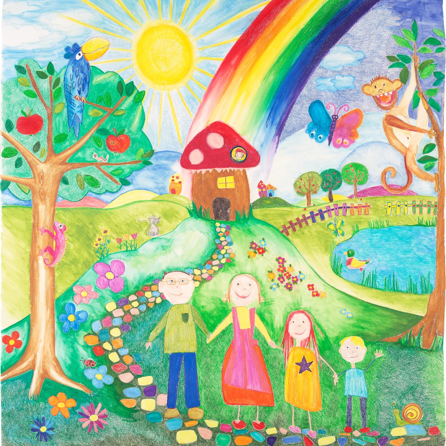 Jumbo Grip Farbstift: Buntes Kinderbild mit Regenbogen, Tieren und Familie in einer idyllischen Landschaft.