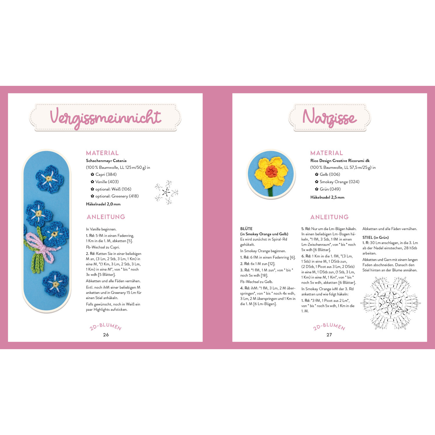 Mein bunter Häkelgarten - Anleitung für Vergissmeinnicht und Narzisse mit Materialliste.