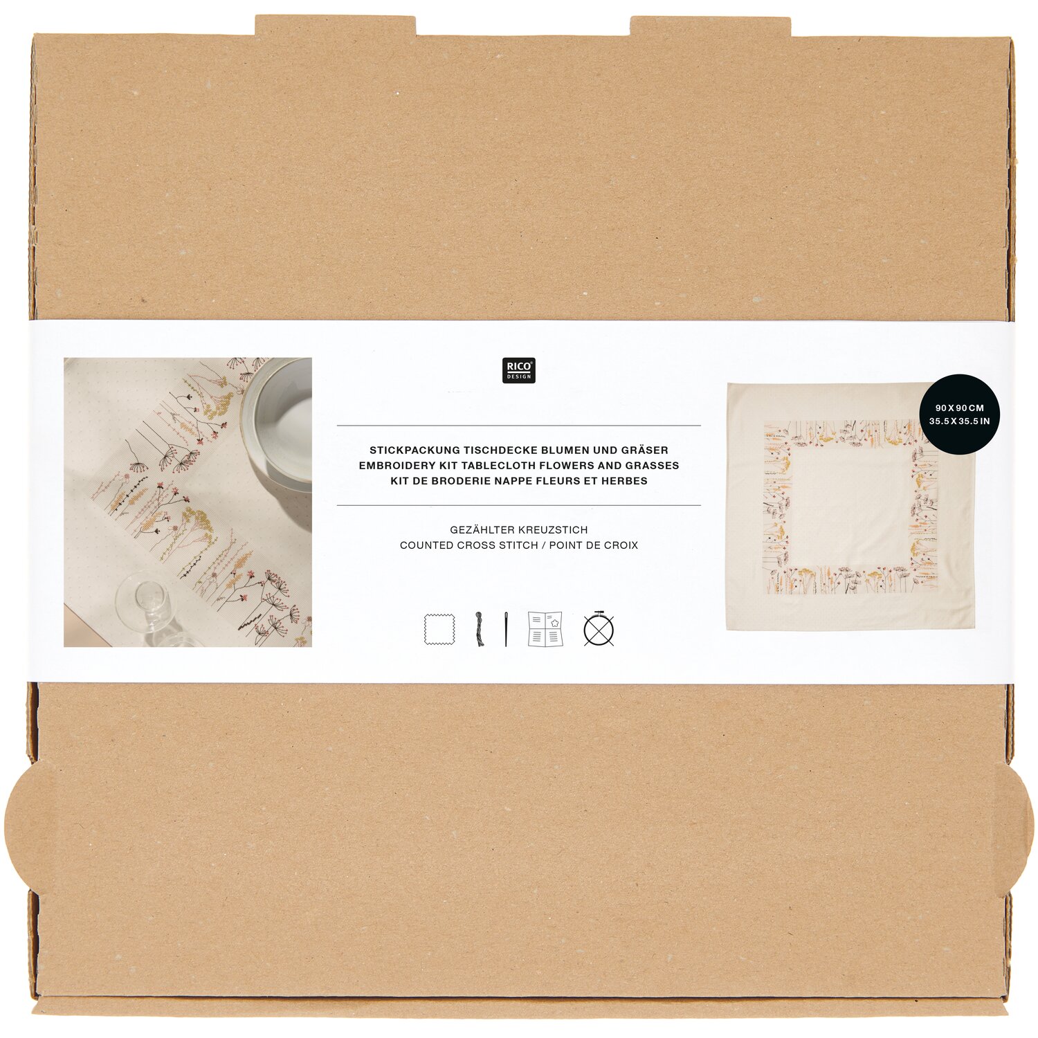 Stickpackung Gezählter Kreuzstich Tischdecke Blumen und Gräser 90x90cm von Rico Design