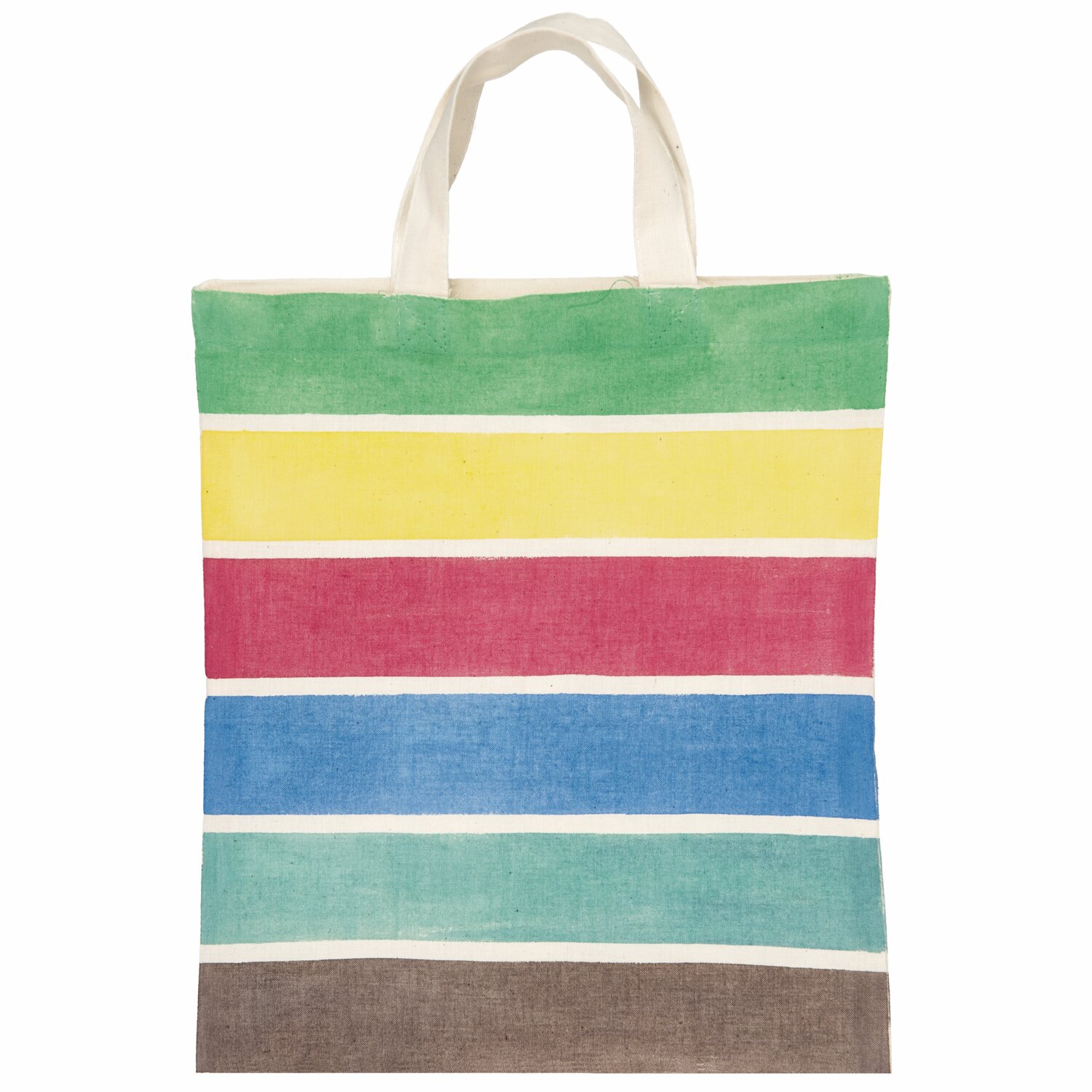 Textilfarben basic 6x40ml: Stofftasche mit bunten Streifen in Grün, Gelb, Rot, Blau und Braun.