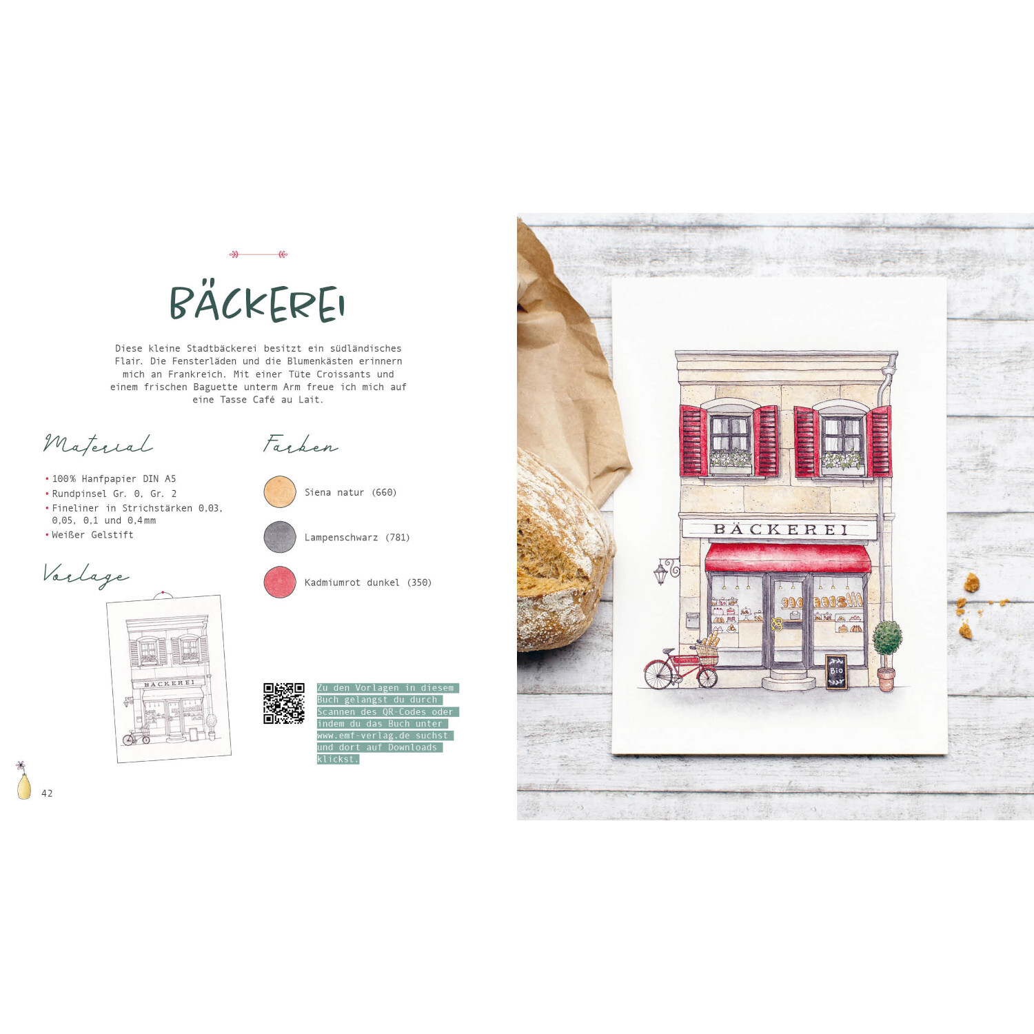 Watercolor - Little Shops: Illustration einer Bäckerei mit roten Fensterläden und Fahrrad.
