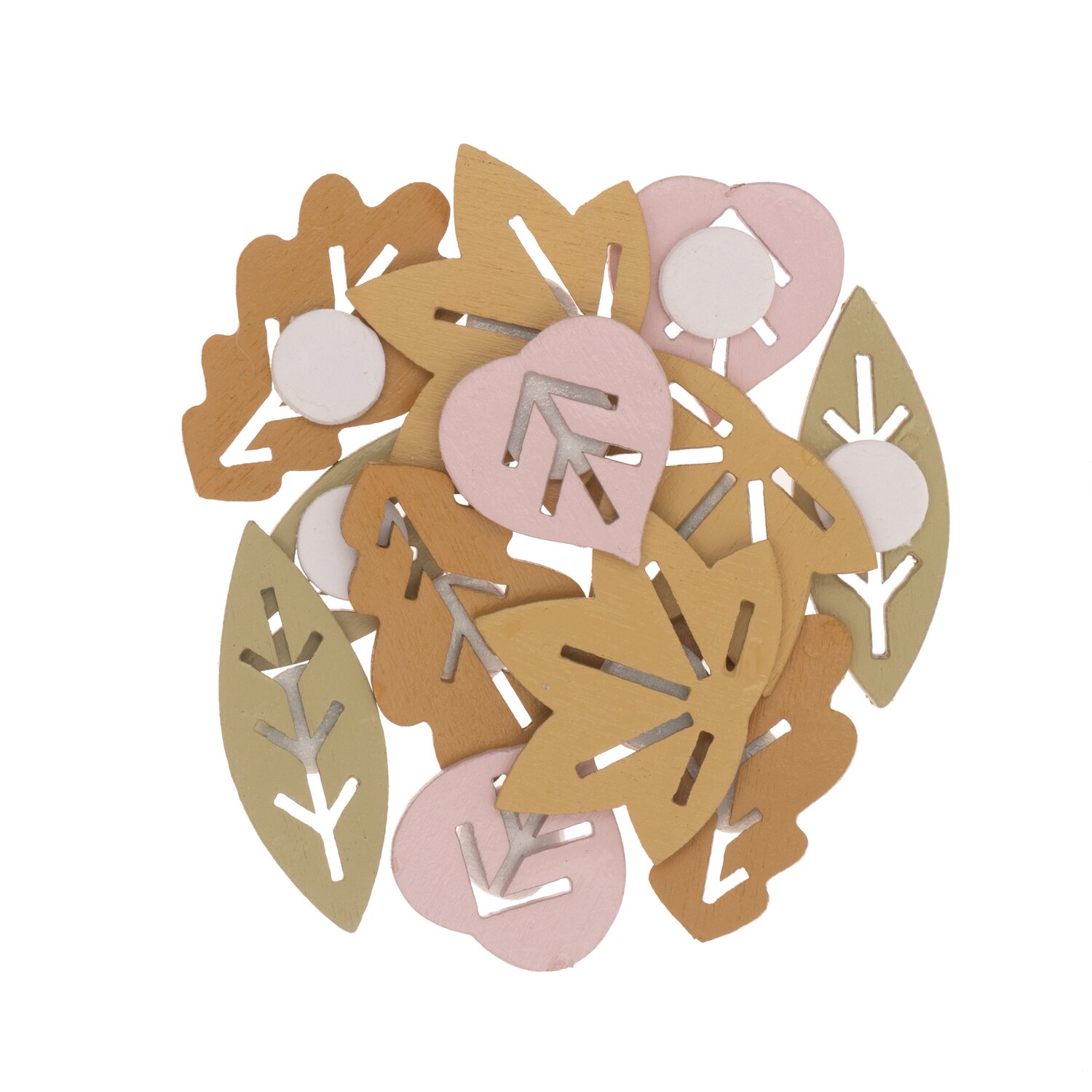 Holzsticker Blätter Mix bunt 12 Stück: Verschiedene Blattformen in Pastellfarben, ideal für kreative Bastelprojekte.