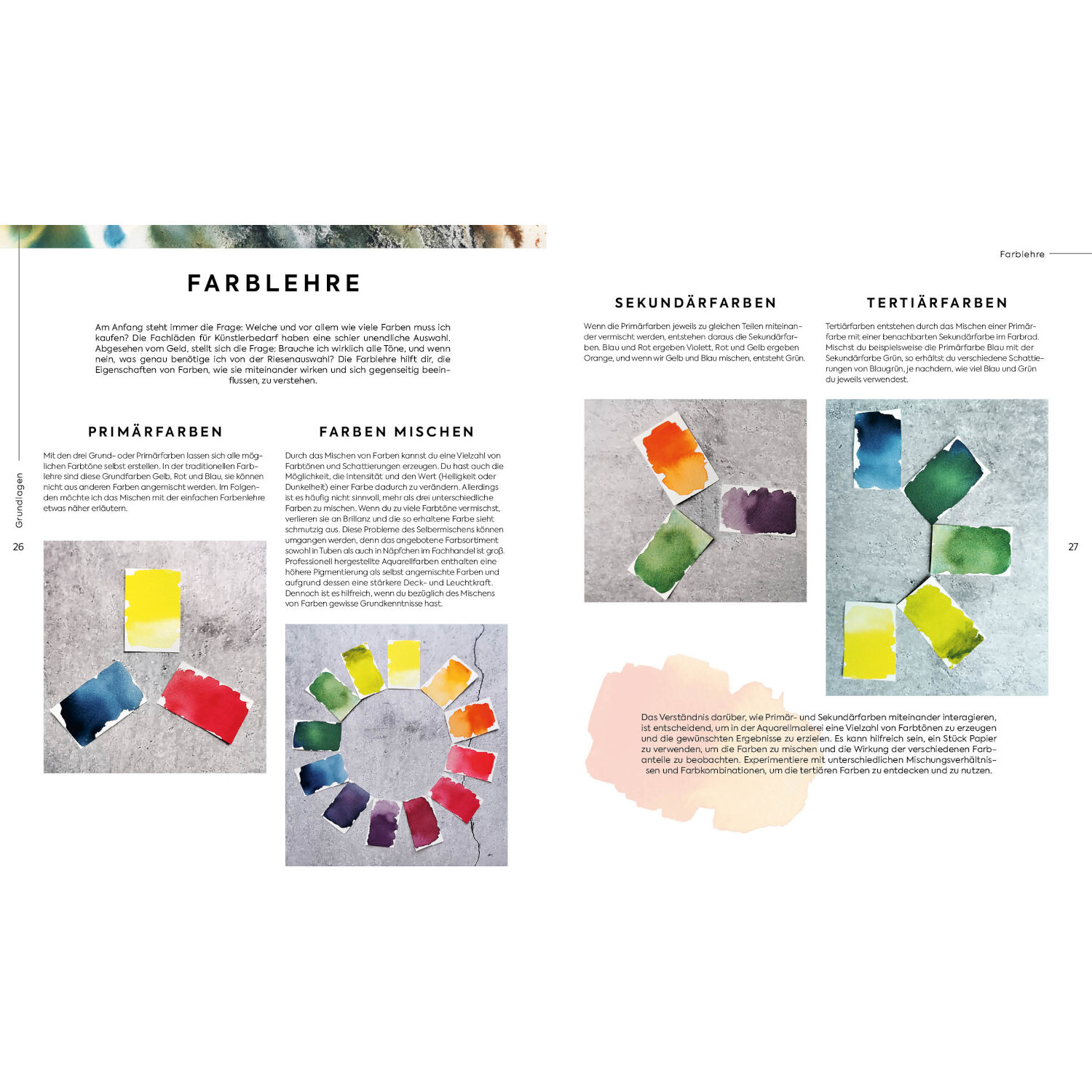 Aquarell Landscapes: Doppelseite eines Buches über Farbtheorie mit Farbmischungen und Farbkreisen.