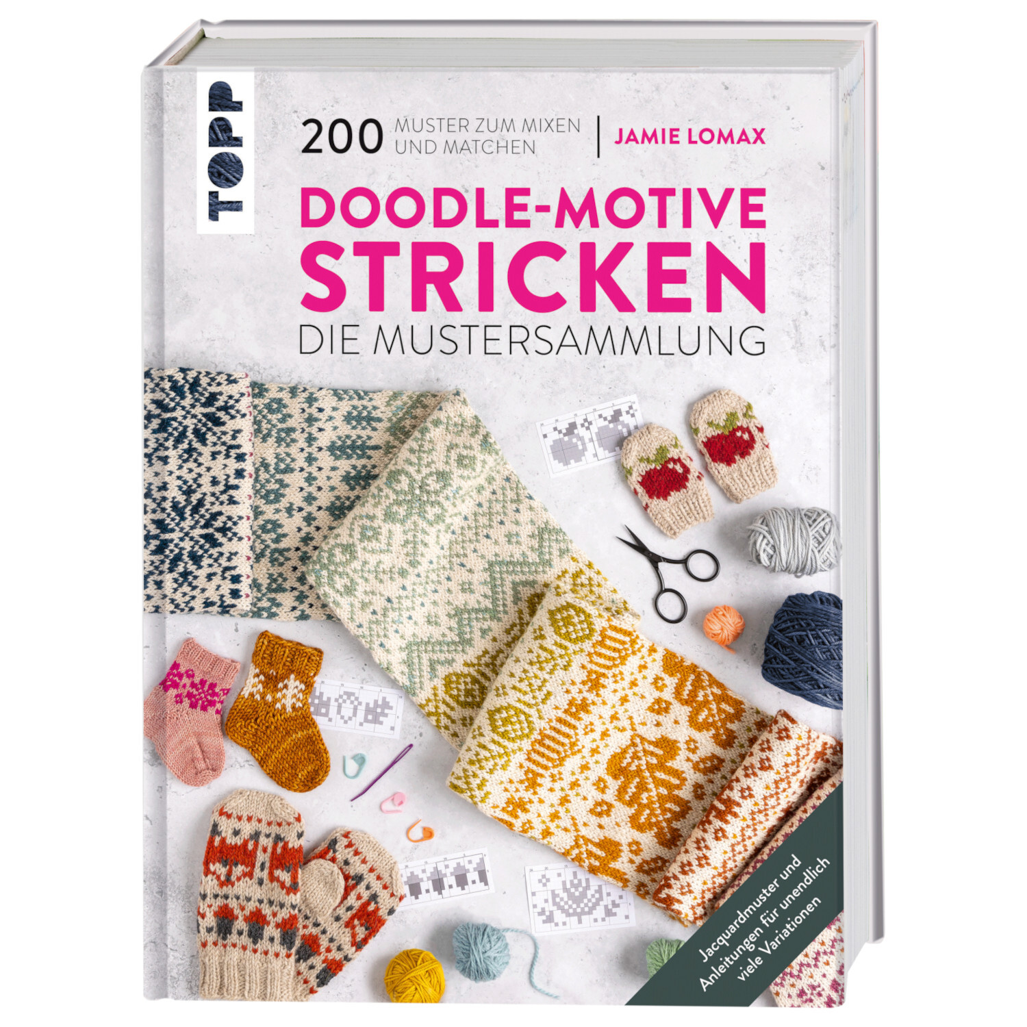 Doodle-Motive Stricken: Buchcover mit gestrickten Mustern in verschiedenen Farben, Marke TOPP.
