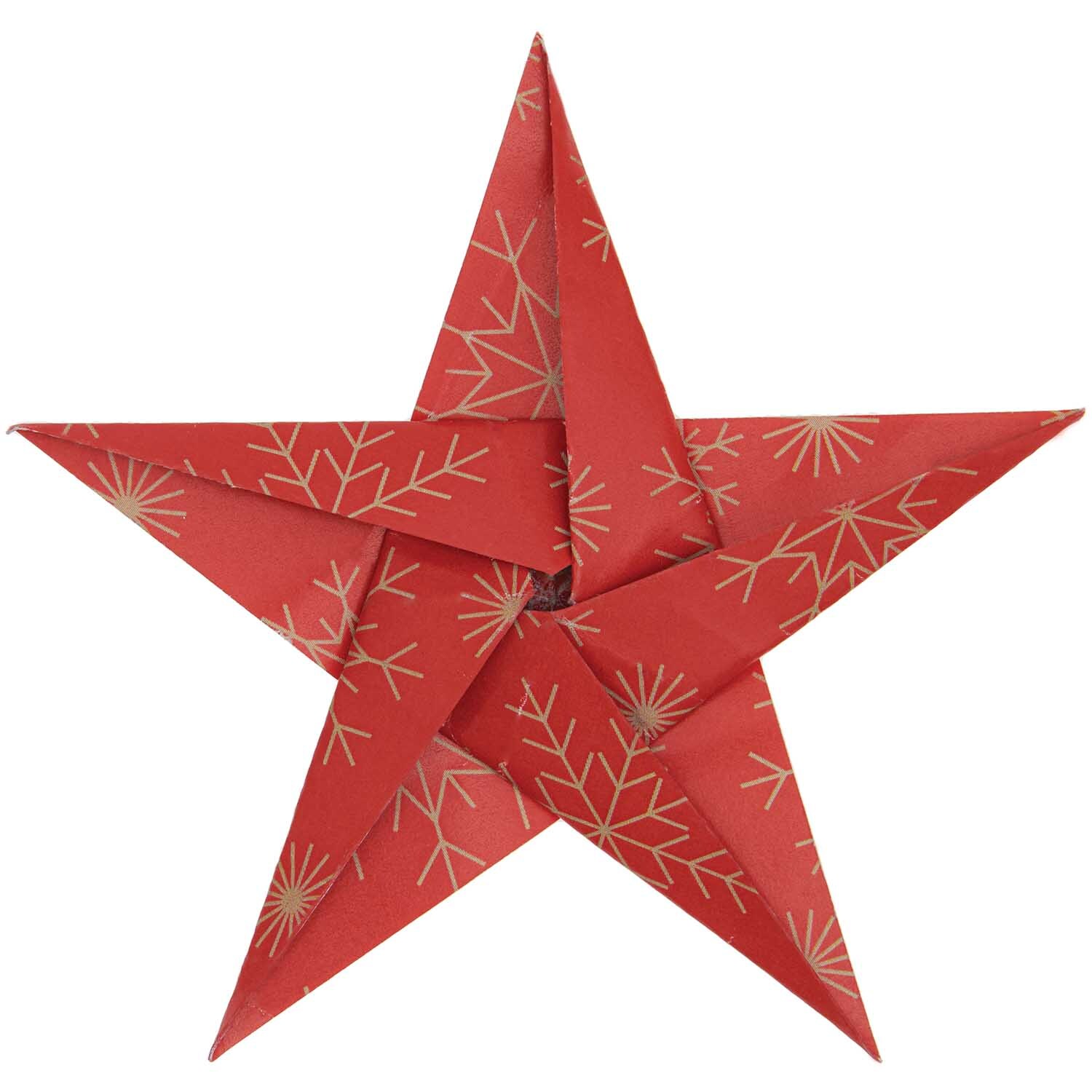 Paper Poetry Bascetta Origamipapier Schneeflocken Rot, gefaltet zu einem Stern mit Schneeflockenmuster, ideal für kreative Bastelprojekte.