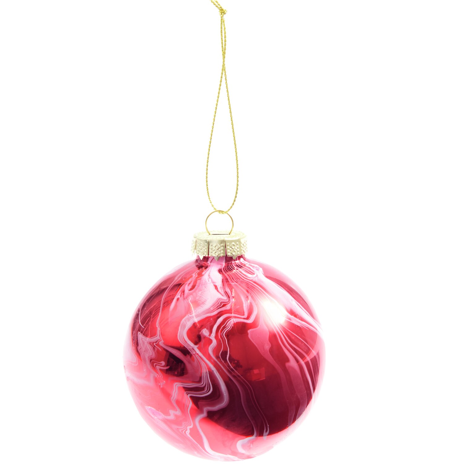 Glaskugel Baumschmuck marmoriert Rot, Ø8cm, von Rico Design, mit goldener Aufhängung.