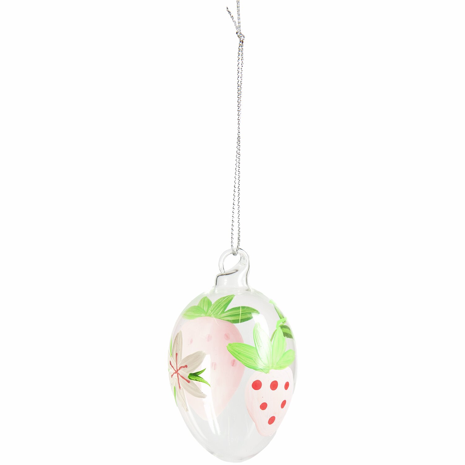 Glas Eier Erdbeeren/Marienkäfer 4 Stück: Dekoratives Glasei mit Erdbeermotiv, ideal für Frühlingsdekorationen.