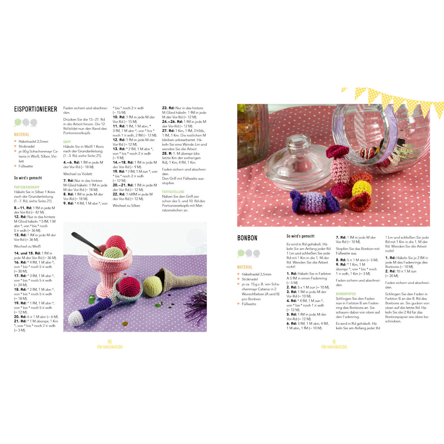 Meine Häkelküche von Edition Michael Fischer Meine Häkelküche: Bunte Häkelanleitungen für Espressoträger und Bonbons auf gepunktetem Hintergrund.