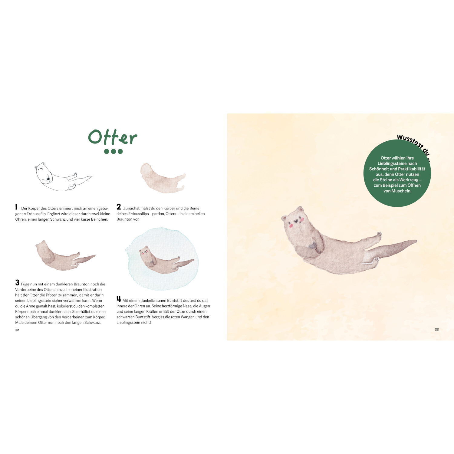 Mini Watercolor - Tiere: Illustration eines Otters auf beigem Hintergrund, begleitet von Malanleitung.