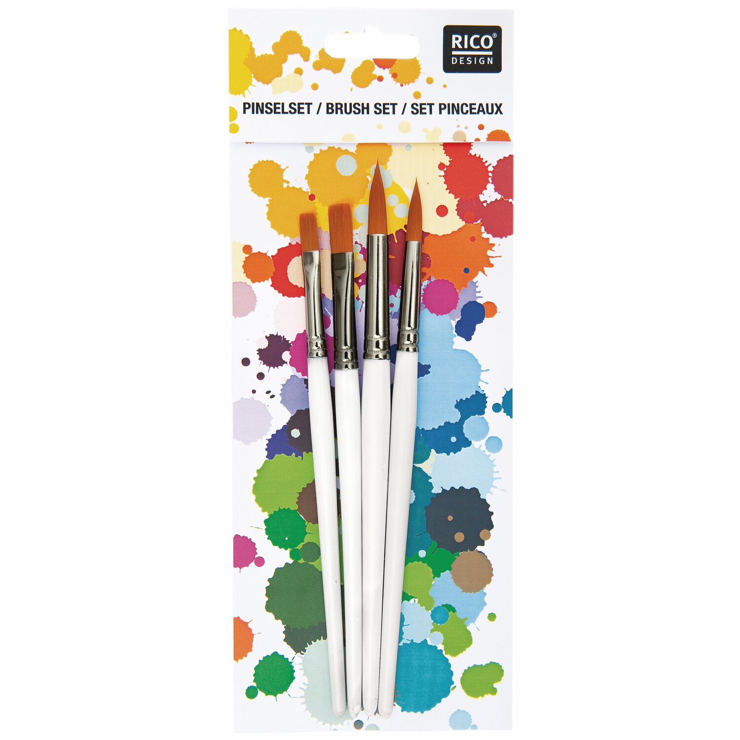 Schul- und Hobbypinsel rund & flach, 4-teilig, von Rico Design. Weißer Griff, bunte Borsten, ideal für kreative Projekte.