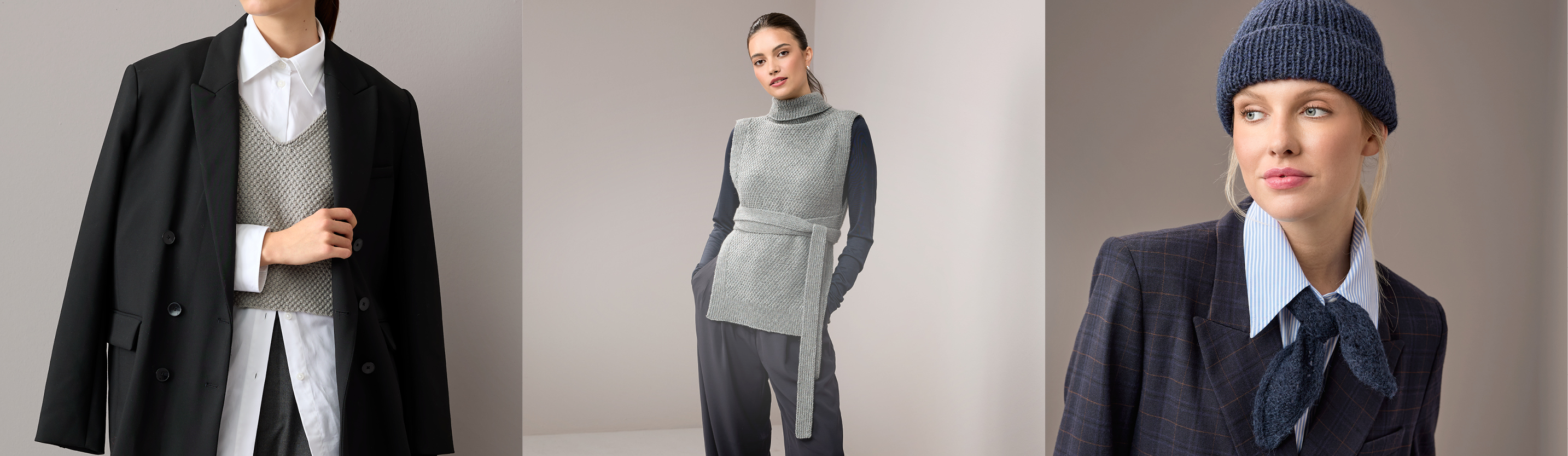Drei Bilder nebeneinander. Eine Person trägt grauen gestrickten Pullunder, eine Frau trägt gestrickten Pullunder mit Rollkargen und eine Frau trägt blaue gestrickte Mütze.