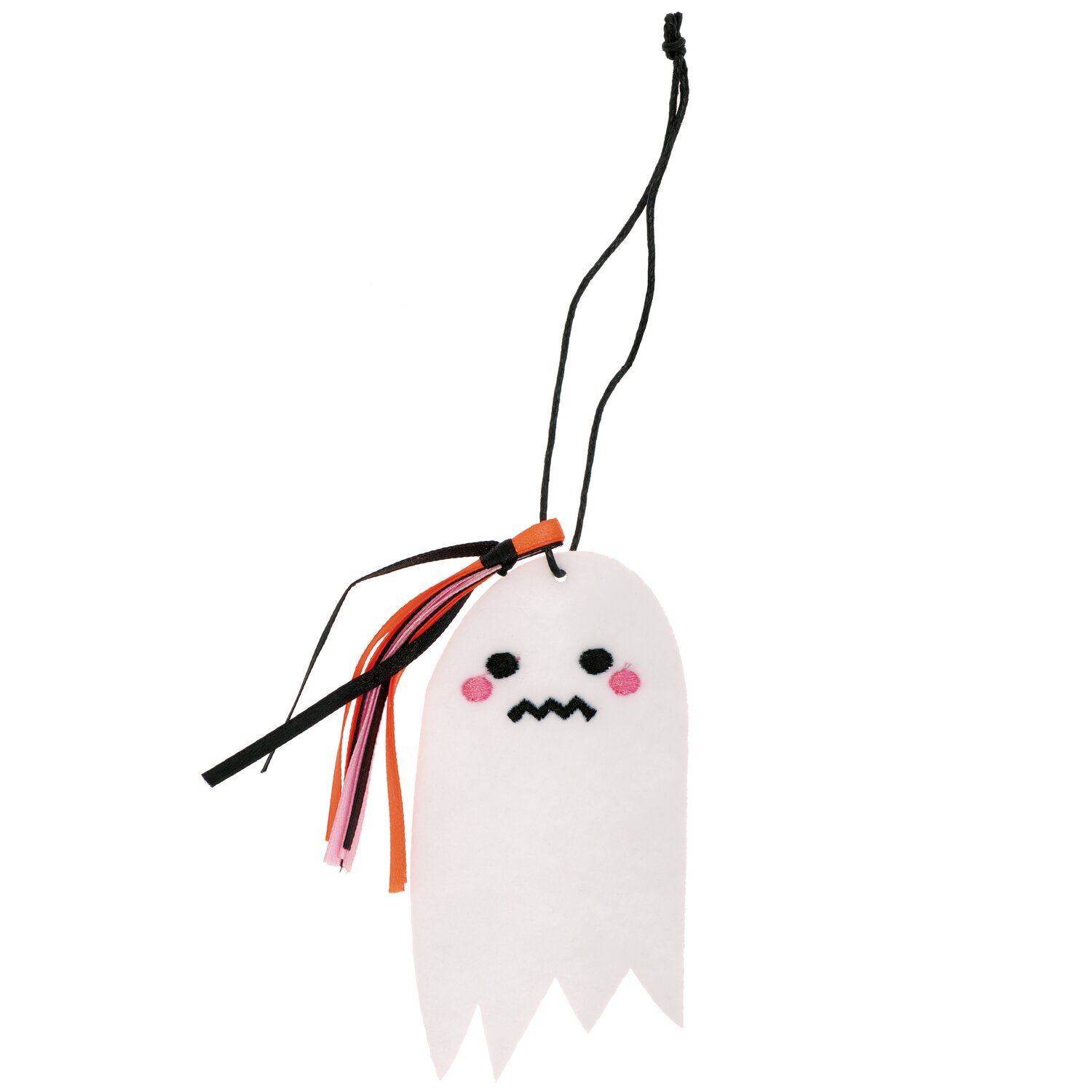 Filzhänger Gespenst grimmig weiß 10x5,4cm mit schwarzen und orangefarbenen Bändern.