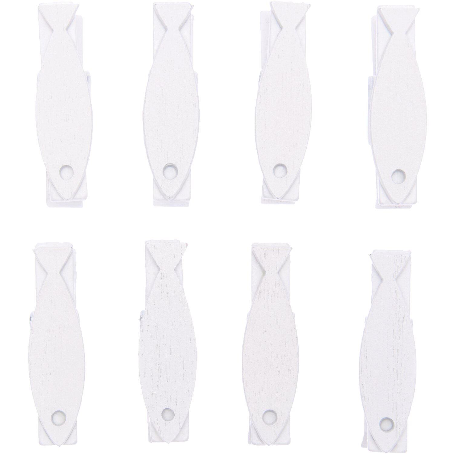 Dekoklammern Fisch weiß 7x35mm 8 Stück von Rico Design. Acht weiße Fischklammern in symmetrischer Anordnung auf weißem Hintergrund.