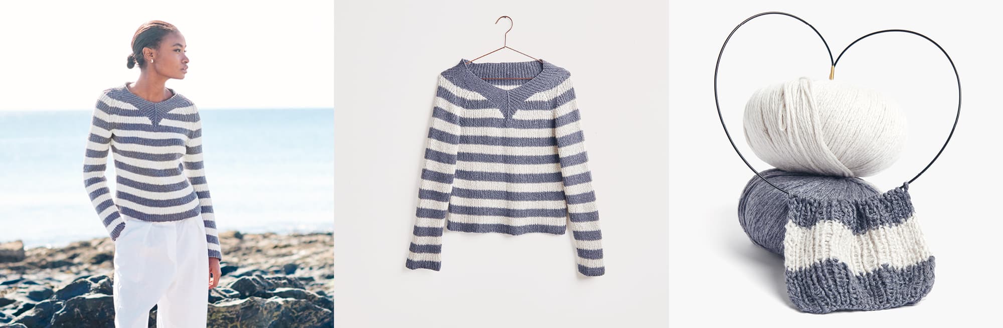 Gestrickter Pullover Modell 01b aus Lovewool No. 20 getragen am Model und auf einem Bügel. Daneben Wollknäuel in weiß und blau und Strickstück.