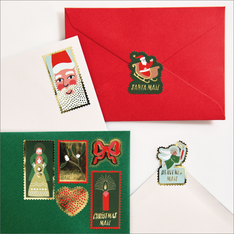 Weihnachtliche Sticker im Briefmarken-Design für Karten und Umschläge.