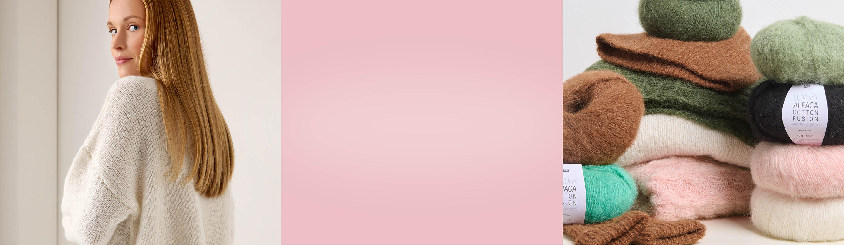 3 Bilder: Frau mit weißem Strickpullover, rosafarbene Fläche, mehrere Wollknäuel und Strickstücke