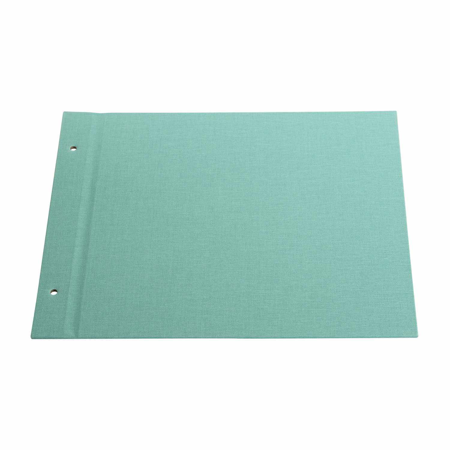 Schraubalbeneinband 30x25cm Leinen in Aqua von goldbuch. Das Bild zeigt einen eleganten, türkisfarbenen Einband mit Schraubbindung.