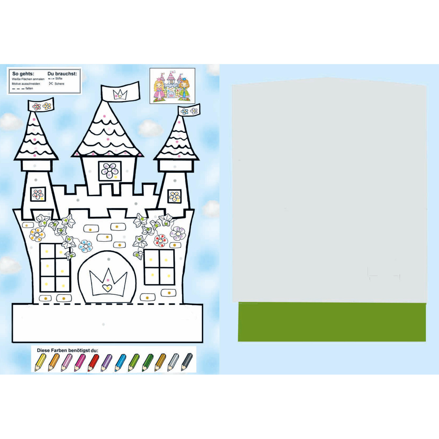 Das Ausschneide-Bastelbuch Malen nach Farben zeigt ein Schloss zum Ausmalen auf blauem Hintergrund.