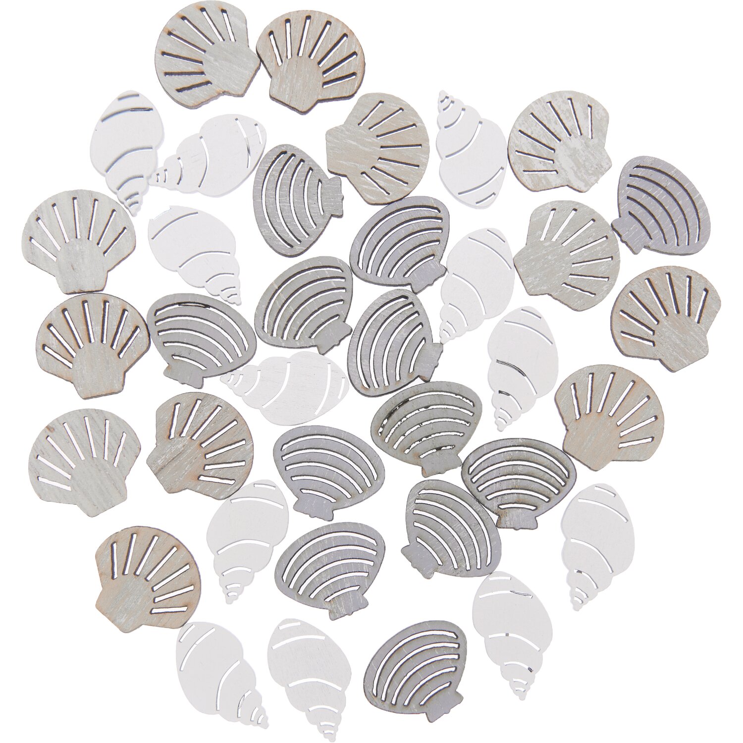 Holzstreu Muschel Mix natur 36 Stück zeigt dekorative Muscheln in Weiß und Grau, ideal für kreative Projekte.