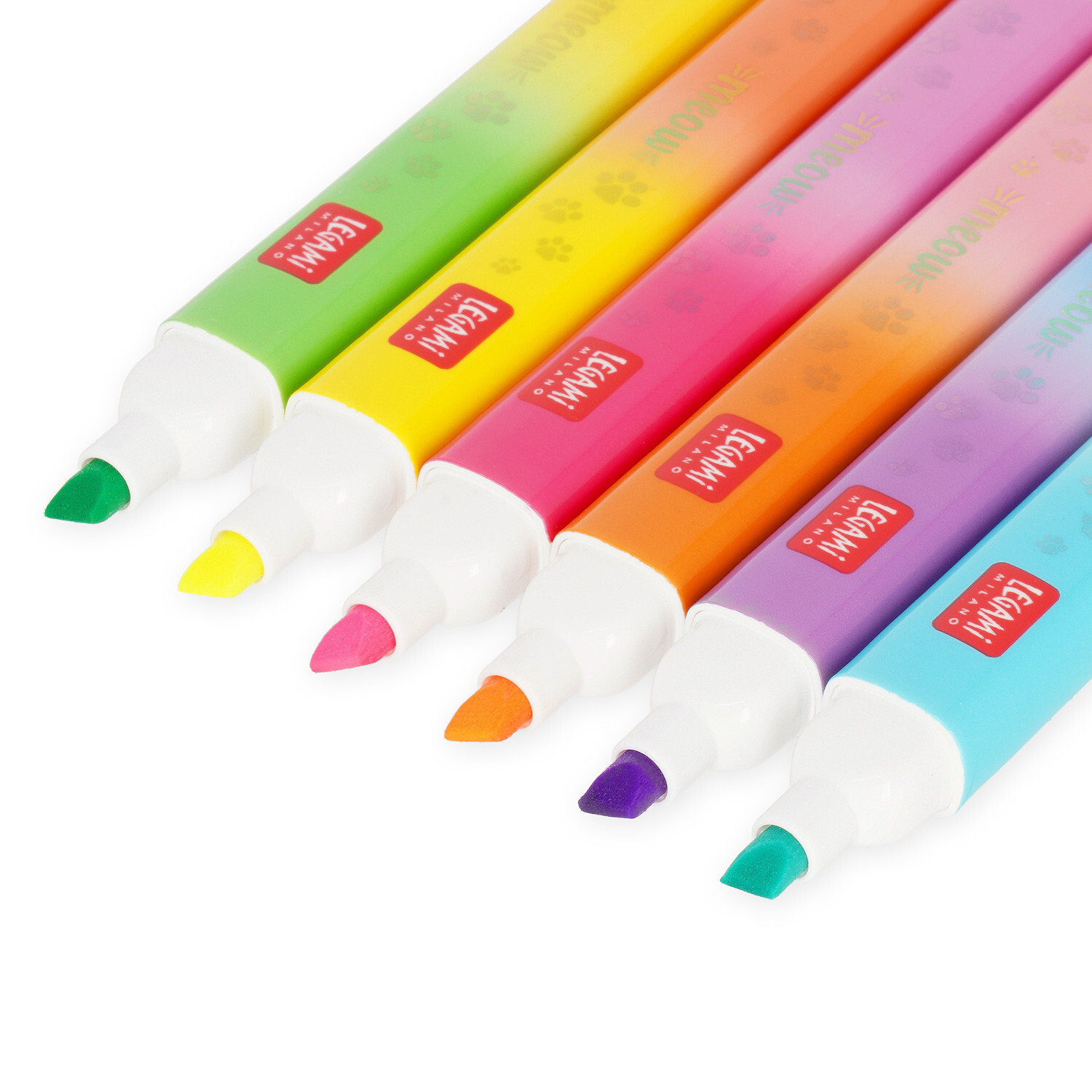 Highlighter Meow, Legami, 6-teilig: Bunte Textmarker in Grün, Gelb, Pink, Orange, Lila und Blau.