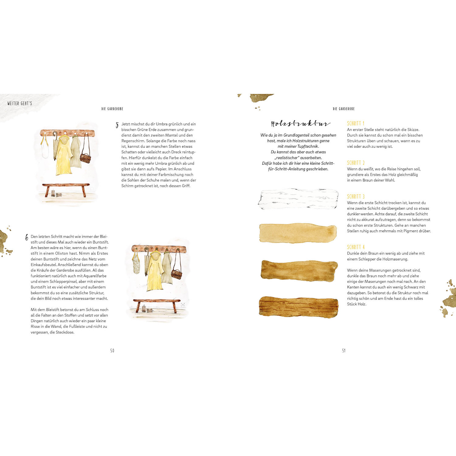 Welcome Home - Watercolor: Doppelseite mit Anleitungen und Farbmuster in Erdtönen, EMF Verlag.
