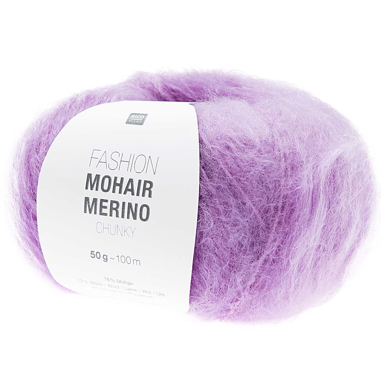 Fashion Mohair Merino Chunky 50g 100m Farbe Flieder von Rico Design Fashion Mohair Merino Chunky: Weiches, fliederfarbenes Garnknäuel von Rico Design, 50g, 100m. Ideal für warme Strickprojekte.