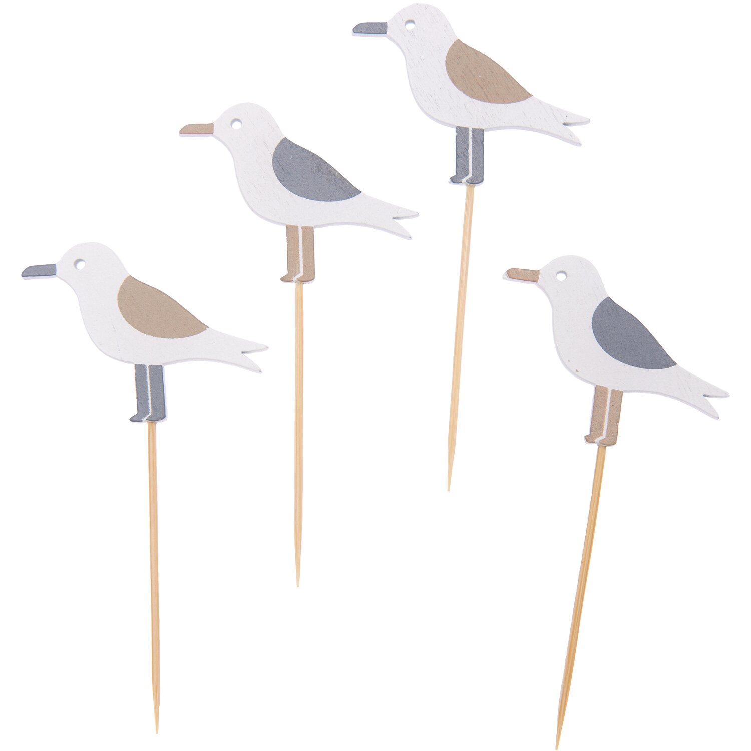 Deko-Picker Möwe natur 8cm 4 Stück: Vier mehrfarbige Möwen-Picker von Rico Design für kreative Dekorationen.