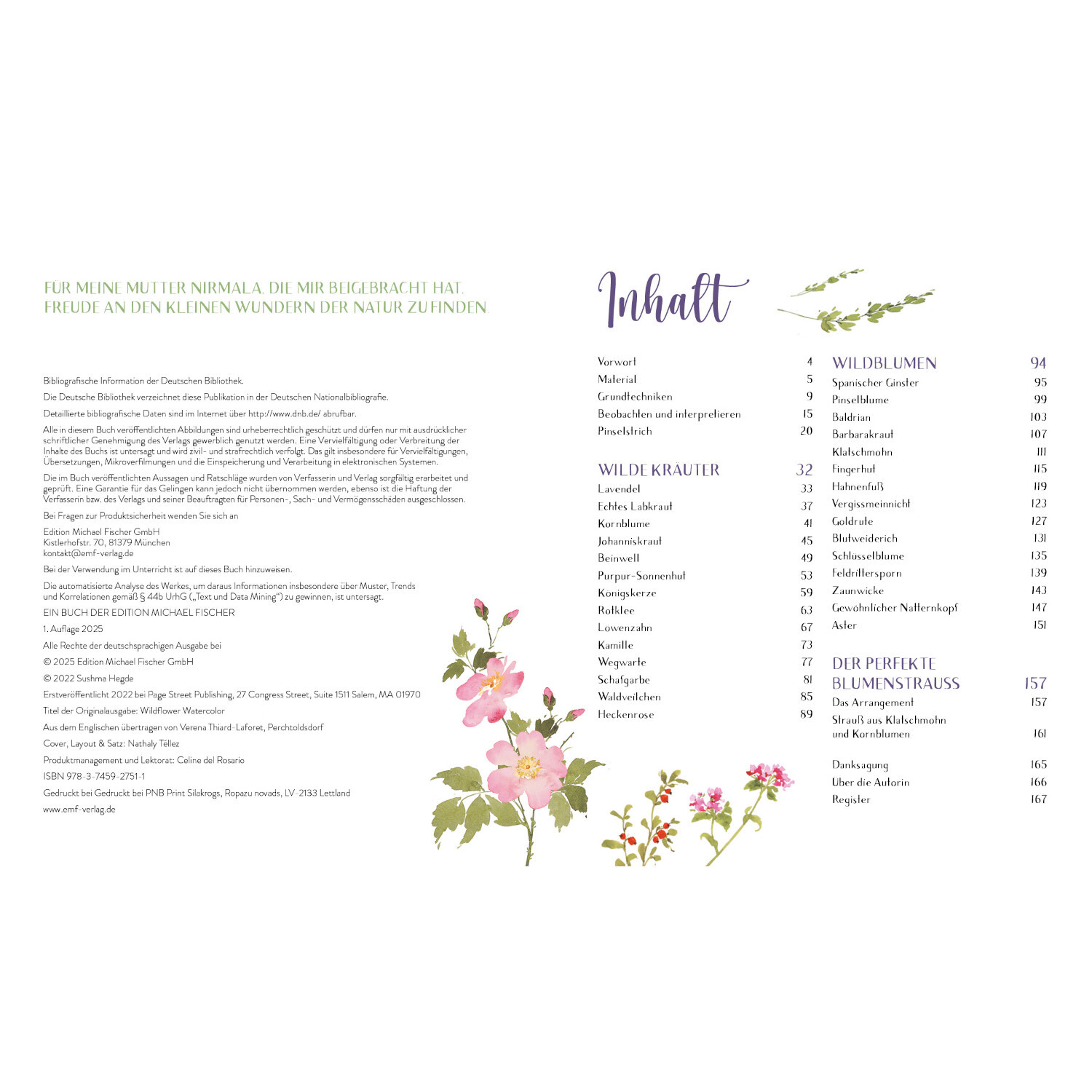 Wildflower Watercolor - Blumen Aquarelle malen von Edition Michael Fischer Wildflower Watercolor - Blumen Aquarelle malen: Inhaltsverzeichnis mit floralen Aquarell-Illustrationen und Kapitelübersicht.