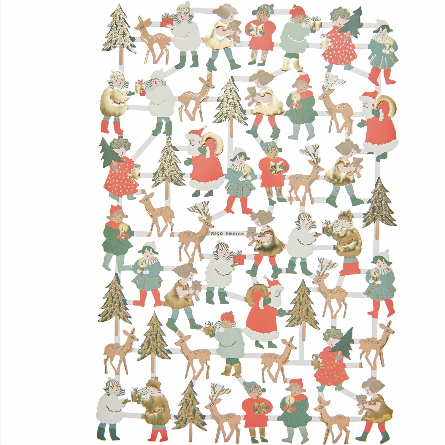 Paper Poetry Glanzbilder Kinder von Rico Design zeigt festliche Szenen mit Kindern, Rentieren und Bäumen. Ideal für kreative Bastelprojekte.