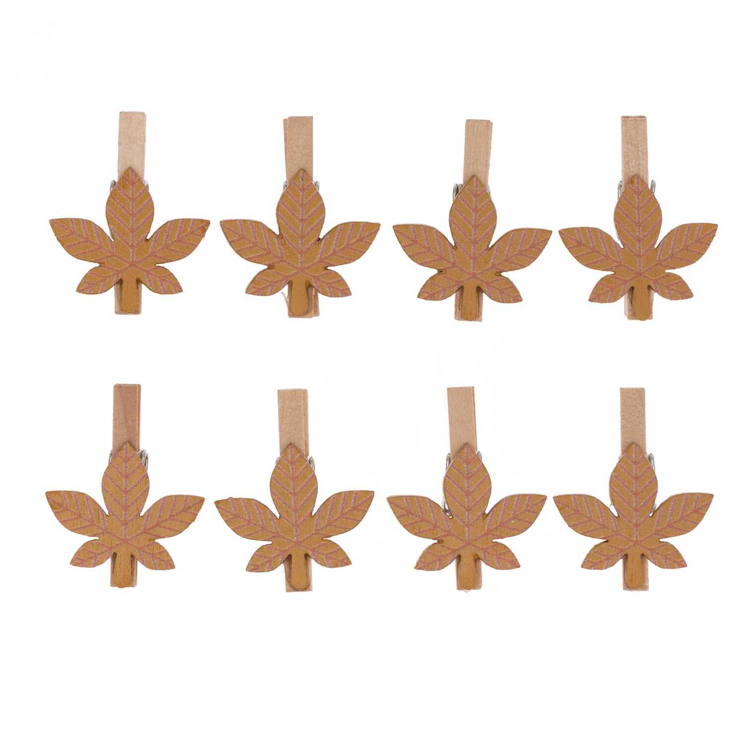 Holzclips Blatt braun 3cm 8 Stück: Acht braune Blatt-Holzclips von Rico Design auf weißem Hintergrund.