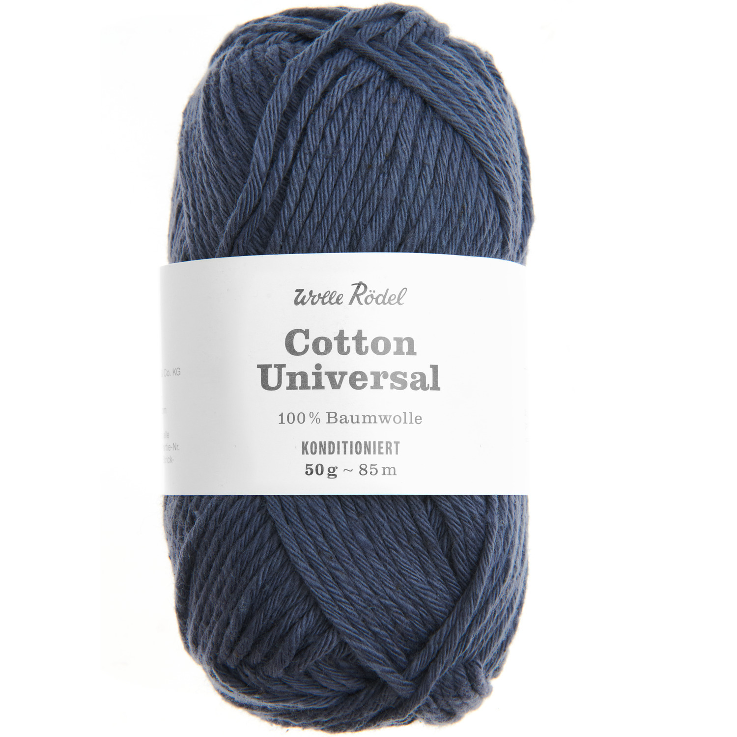 Cotton Universal: Nachtblaues Wollknäuel von Wolle Rödel, 100% Baumwolle, 50g, 85m Länge.