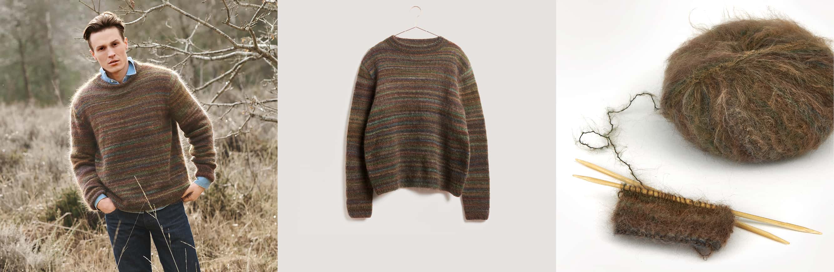 Gestrickter Pullover Modell 09 aus Lovewool No. 21 getragen an männlichem Model und auf einem Bügel. Daneben Wollknäuel in braun und Strickstück auf Stricknadeln.