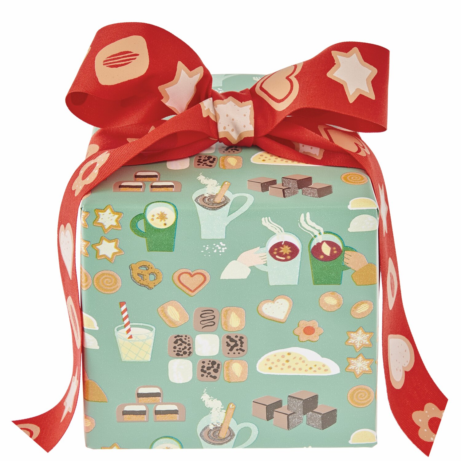 Paper Poetry Geschenkpapier Weihnachtsgebäck zeigt bunte Weihnachtsmotive auf hellgrünem Hintergrund, verziert mit rotem Band.