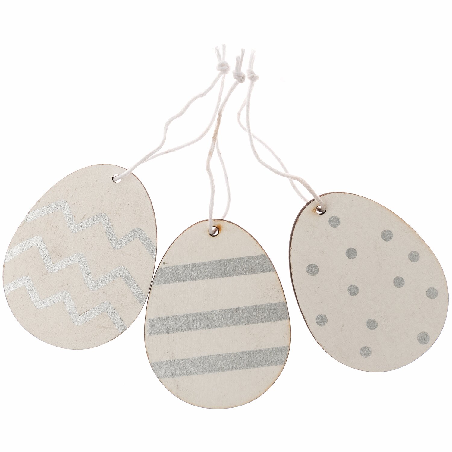 Holzhänger Osterei 3 Stück, dekorative weiße Anhänger mit verschiedenen Mustern, ideal für Osterdekorationen.