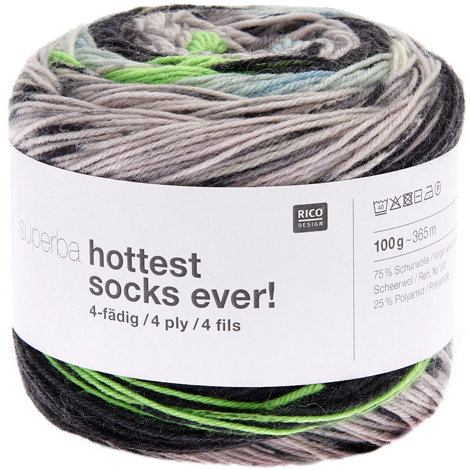 Superba Hottest Socks ever! 4fädig Wolle in Streifenmuster, 100g, 365m, von Rico Design. Ideal für kreative Strickprojekte.