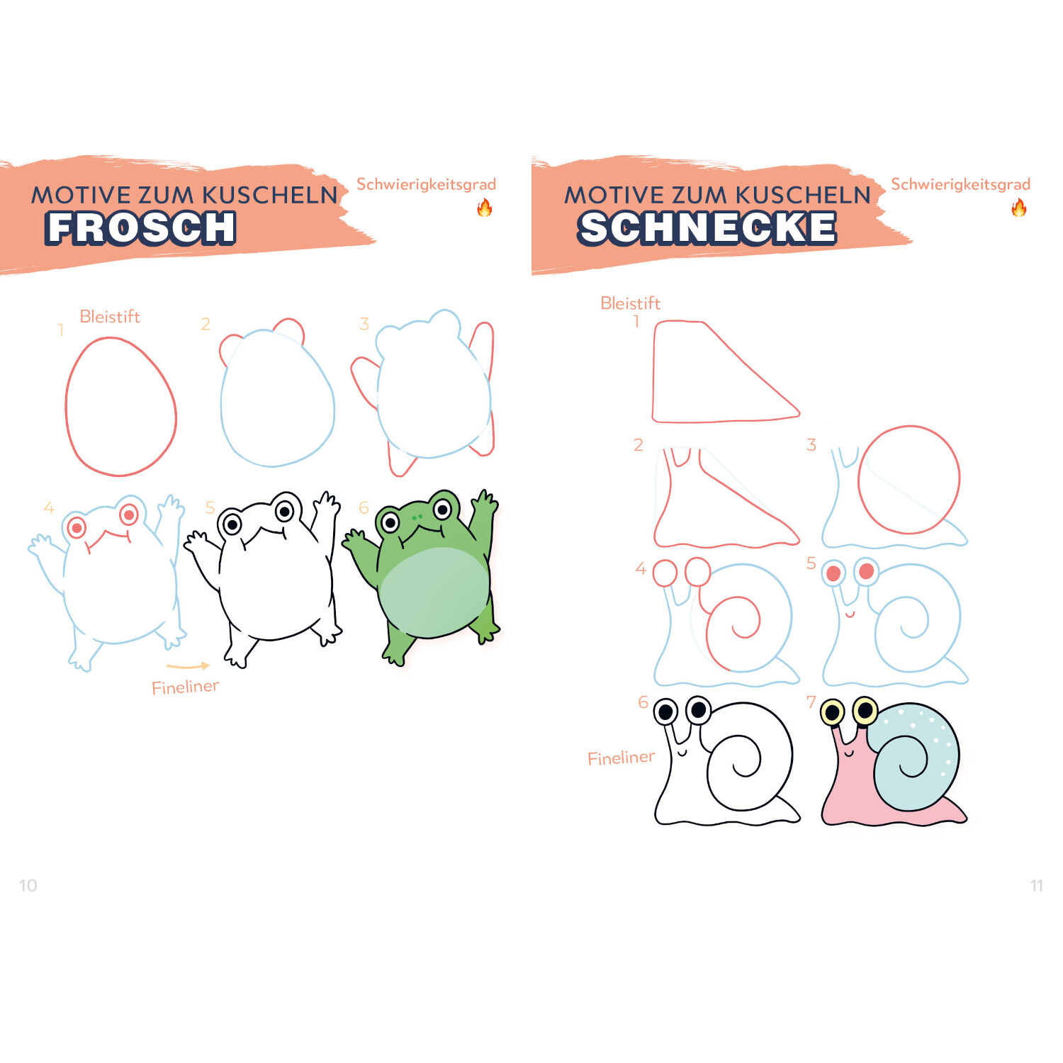 Die Kawaii-Zeichenschule - Niedlich zeichnen: Anleitung zum Zeichnen eines Frosches und einer Schnecke mit Bleistift und Fineliner.