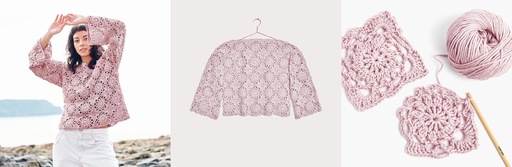 Gehäkelter Pullover Modell 23 aus Lovewool No. 20 getragen am Model und auf einem Bügel. Daneben Wollknäuel in Rosa und Häkelstück.