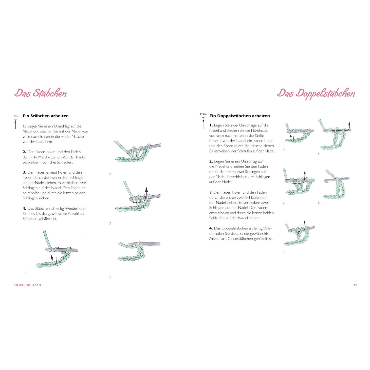 Musterbibel Granny Squares - Blumenzauber: Anleitung für Stäbchen und Doppelstäbchen mit Illustrationen in Pastellfarben.