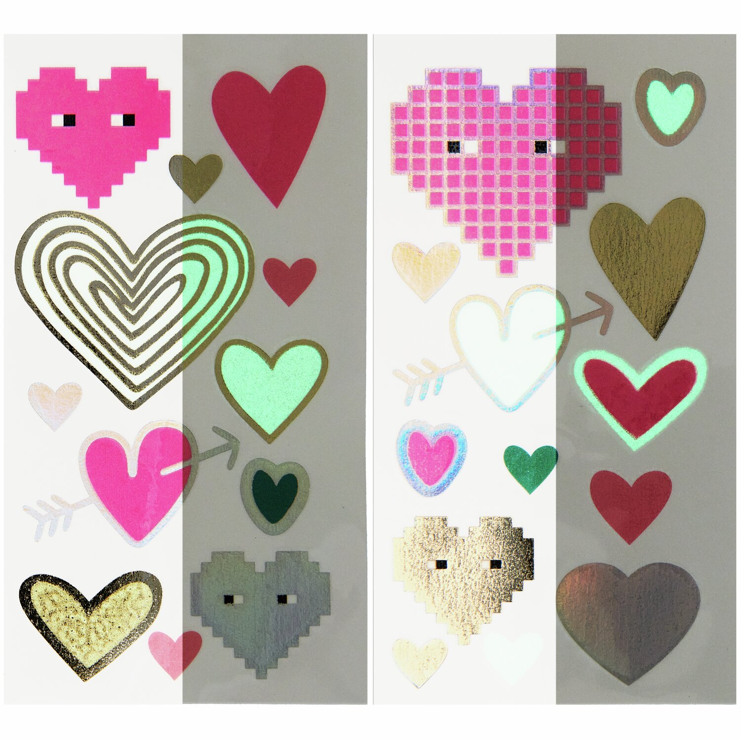 Tattoos Herz-Mix, 25-teilig: Bunte Herz-Tattoos in verschiedenen Designs und Farben, ideal für kreative Dekorationen.